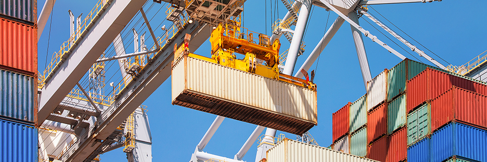 Shipping container being moved by a port crane